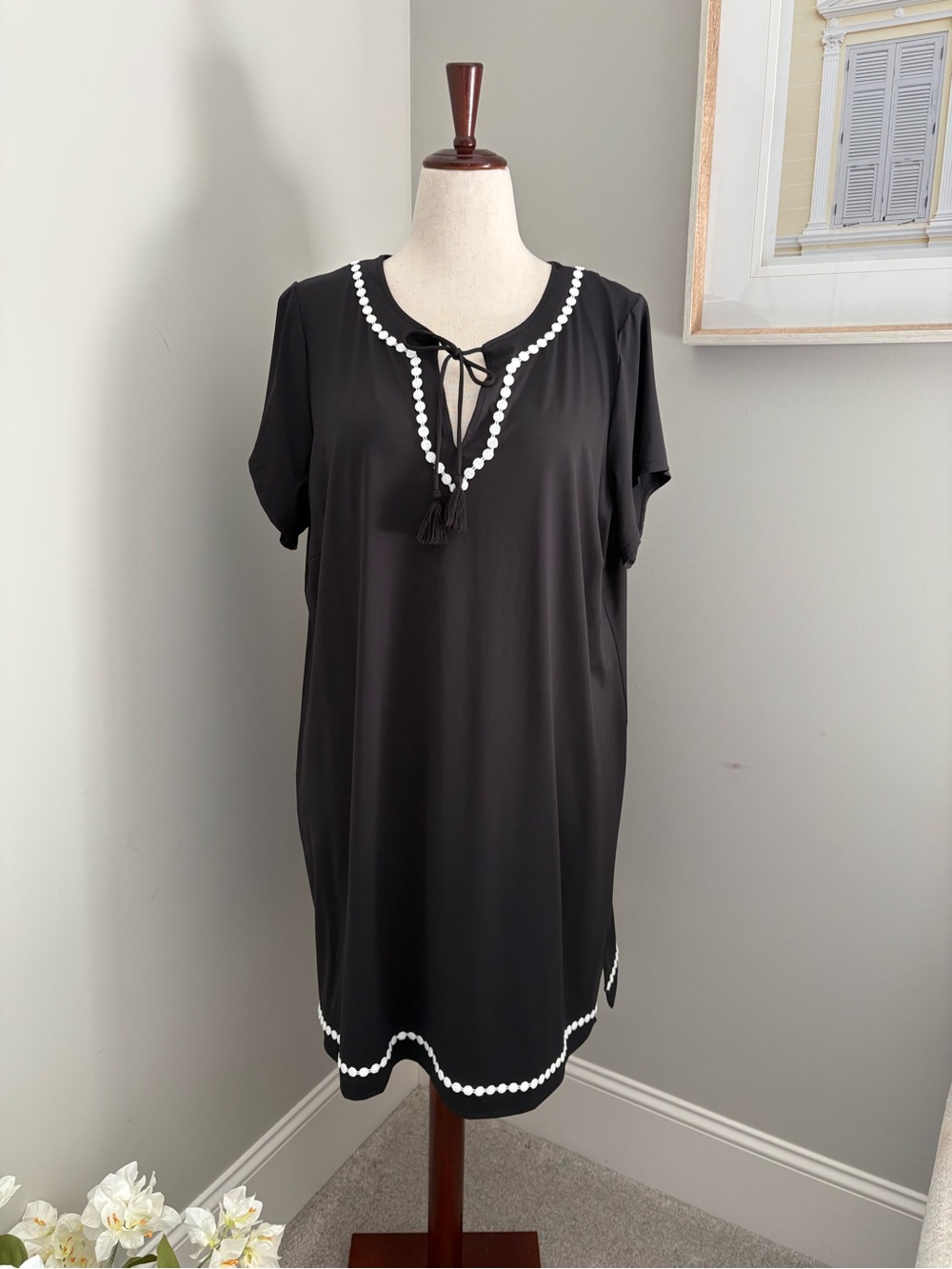 Lands' End Size 2X Black Swim Tunic with White Trim